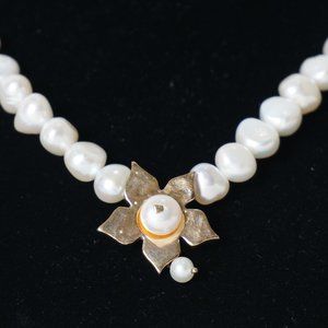 Pearl Necklace with Gold filled Flower Pendant